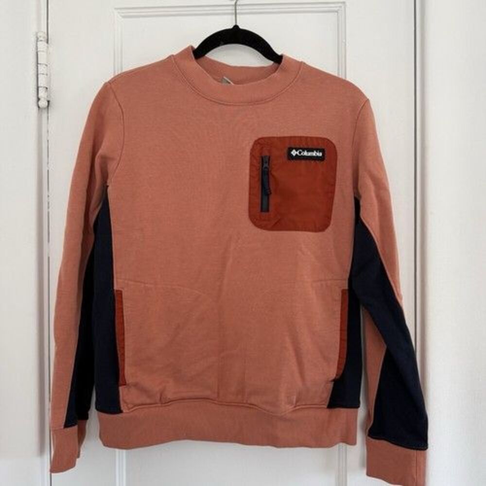 Columbia Crewneck Pullover Sweatshirt Logo Pocket Crewneck Size L Orange Navy